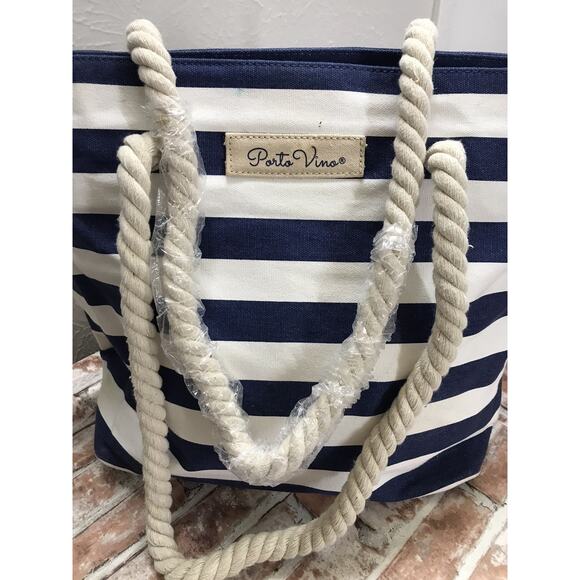 Porto Vino Beach Wine Bag Canvas Blue/White Stripes Holds 2 Bottles Of Wine NWT - Picture 3 of 7